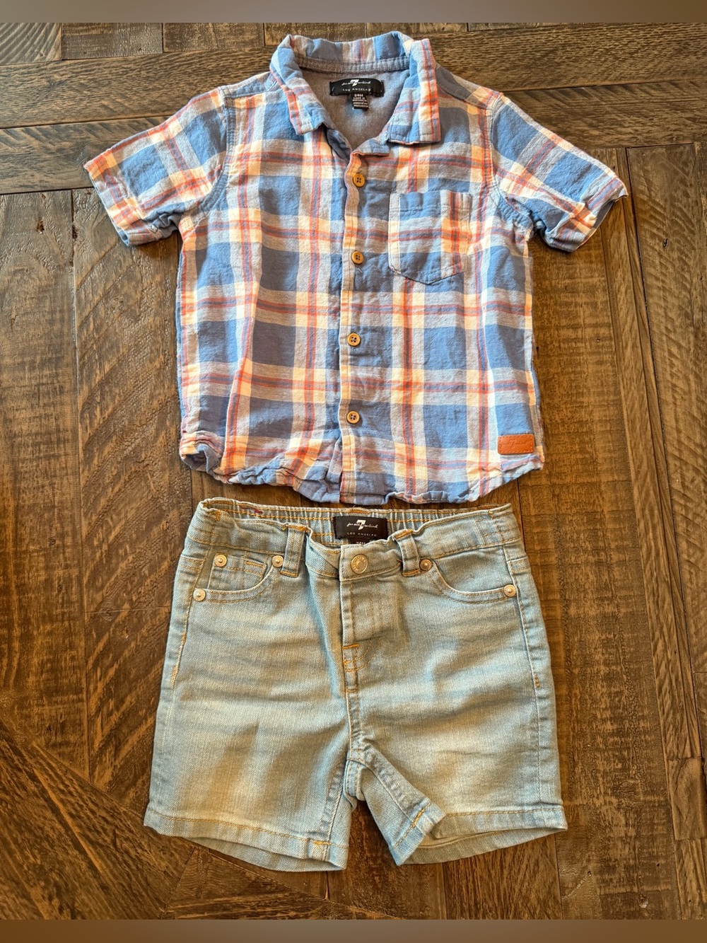 7 for all mankind plaid shirt and jean shirt set, 24 months